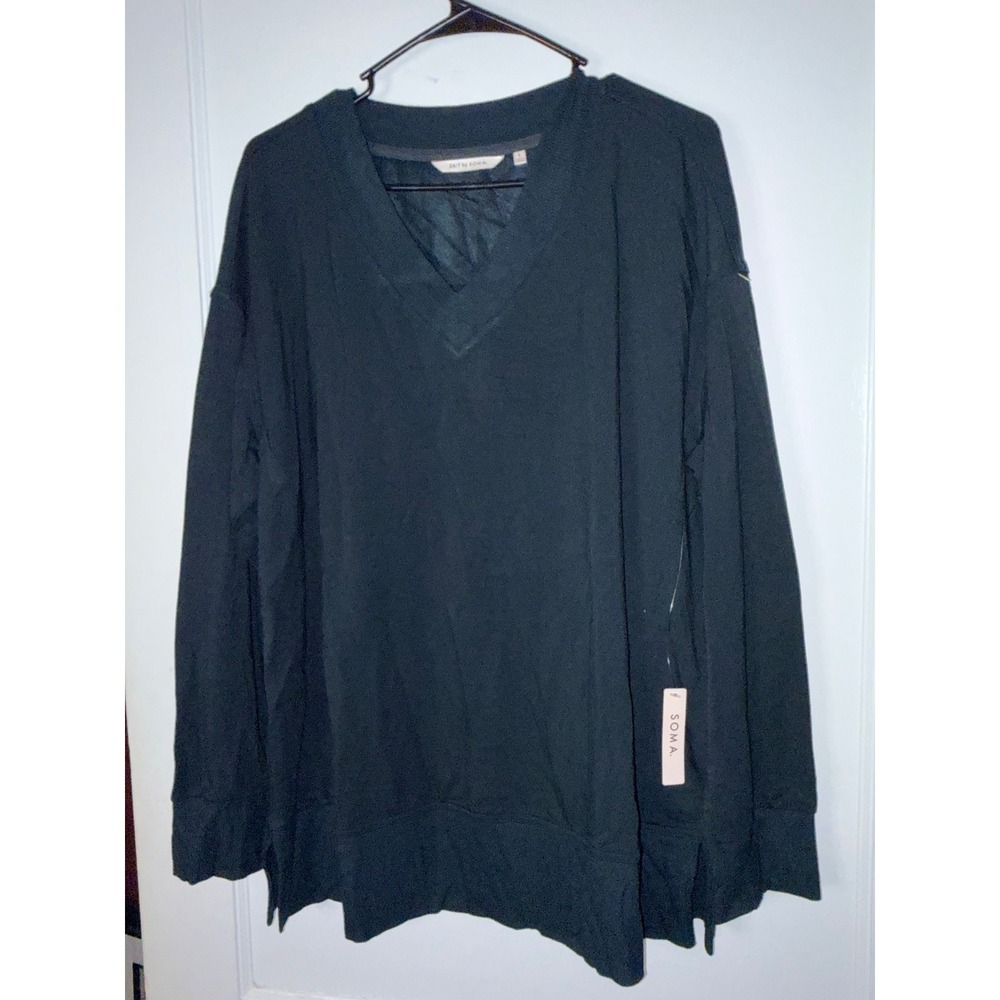 Soma 24/7 Ultra Soft Fleece V-Neck Sweatshirt Deepest Marine Teal Green L NWT